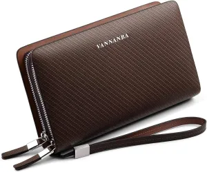 VANNANBA Wristlet Wallets Large Leather Double Zipper Long Business Handbag Clutch Phone Holder,Gift for Father Son(brown)