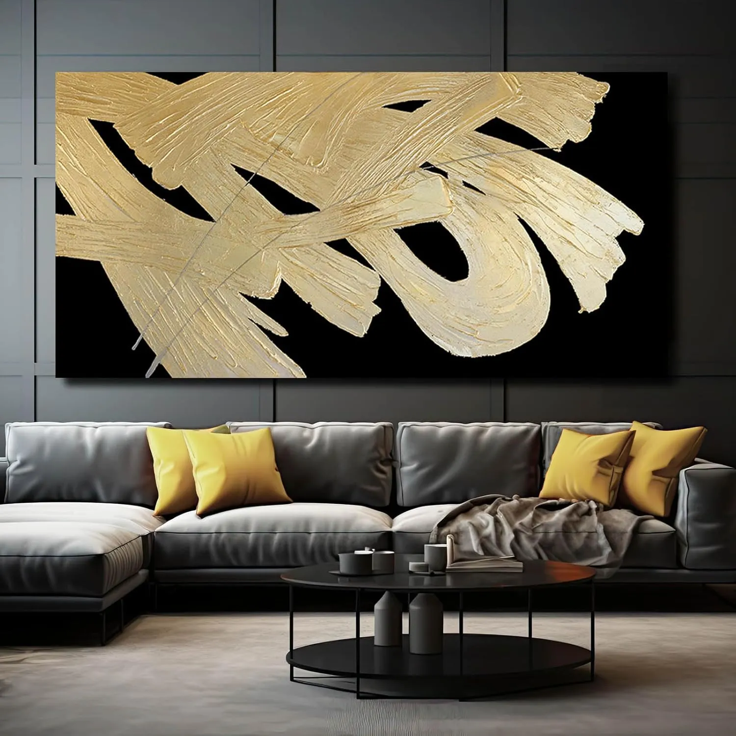 VAYIMDH Wall Decorations for Living Room Black and Gold Abstract Canvas Wall Art Minimalist Line Prints 29x58 Inch Big Pictures for Bedroom Dining Room