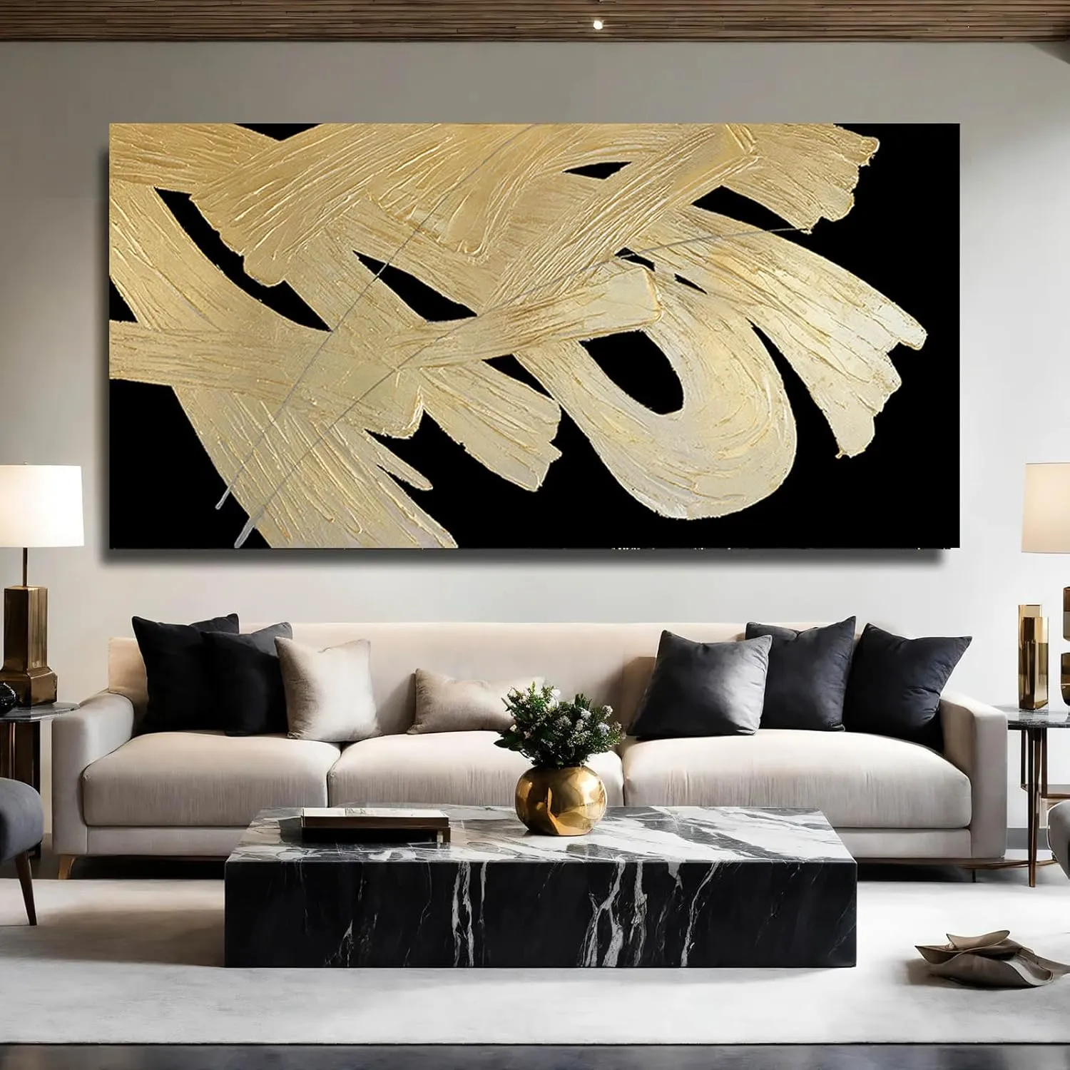 VAYIMDH Wall Decorations for Living Room Black and Gold Abstract Canvas Wall Art Minimalist Line Prints 29x58 Inch Big Pictures for Bedroom Dining Room