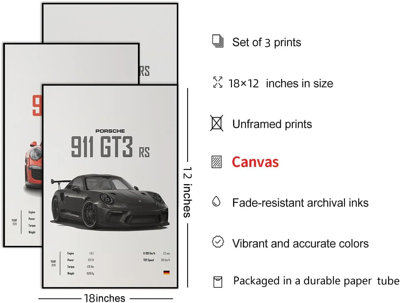 VejiA Car Poster Canvas Wall Art 911 GT Turbo Posters For Men Bedroom Aesthetics Decor (12x18, Unframed 01)