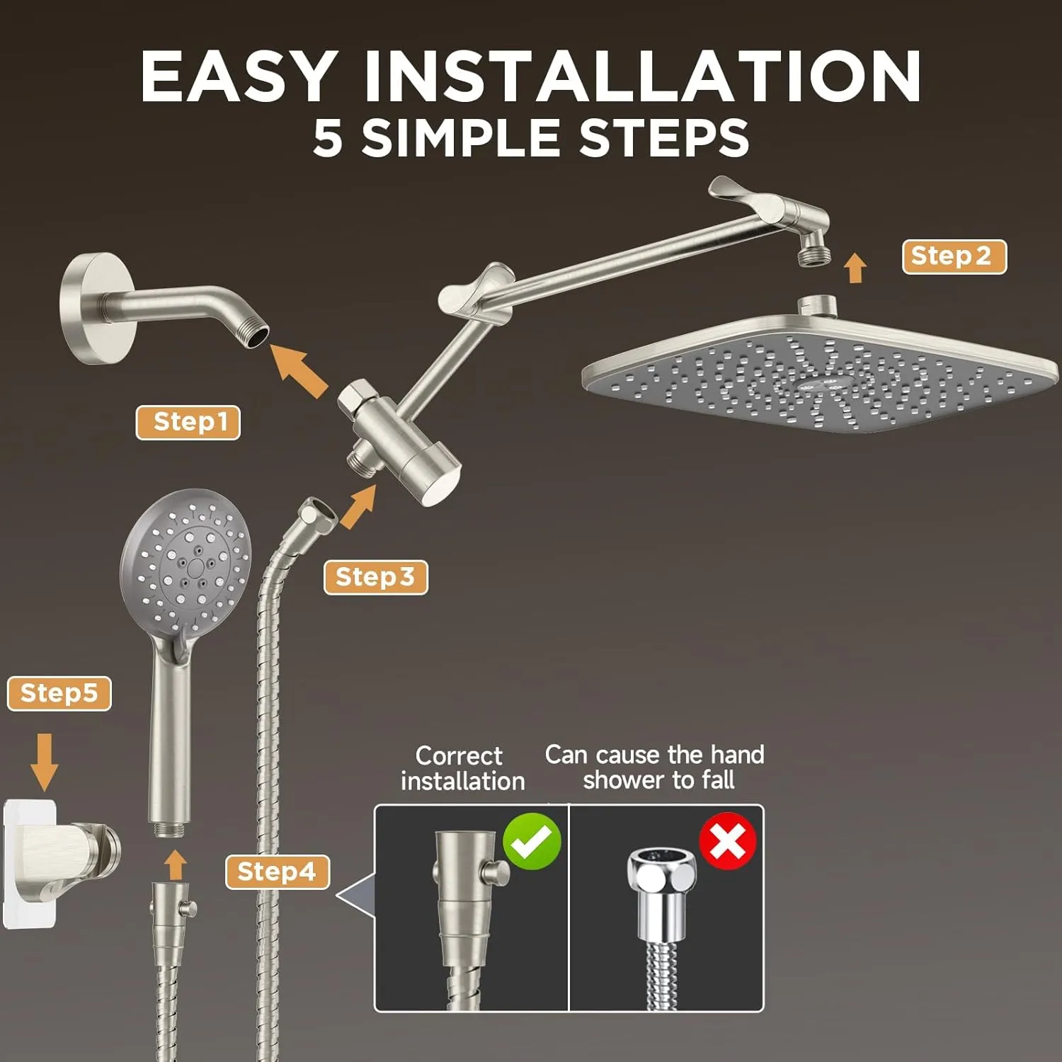 Veken Brushed Nickel Wide Rain Shower Head with 6 Modes Handheld Water Spray, High Pressure Showerhead Combo with Arm, Adjustable Dual Shower with Anti-Clog Nozzles