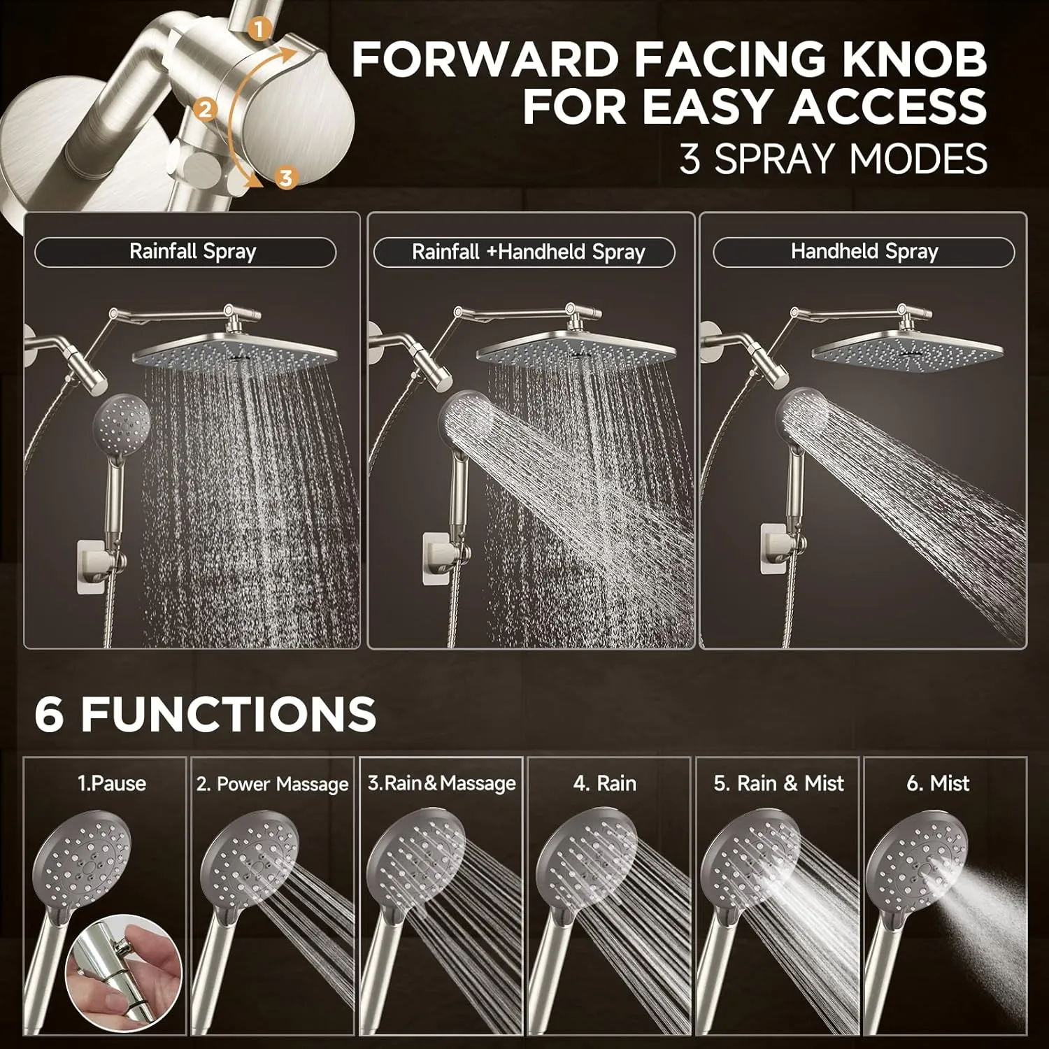Veken Brushed Nickel Wide Rain Shower Head with 6 Modes Handheld Water Spray, High Pressure Showerhead Combo with Arm, Adjustable Dual Shower with Anti-Clog Nozzles