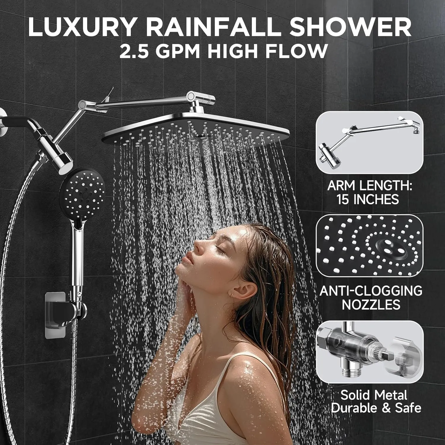 Veken Wide Rain Shower Head with 6 Modes Handheld Water Spray，High Pressure Showerhead Combo with Arm for Bathroom Accessories，Home Decor Adjustable Dual Shower with Anti-Clog Nozzles,Silver Chrome
