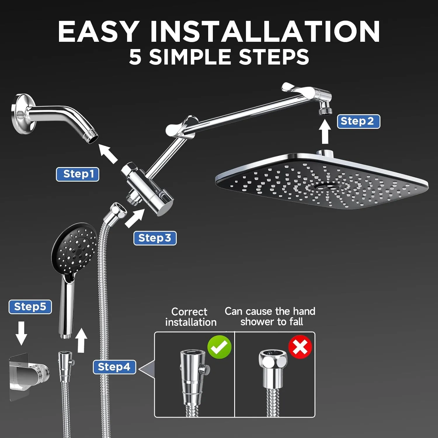 Veken Wide Rain Shower Head with 6 Modes Handheld Water Spray，High Pressure Showerhead Combo with Arm for Bathroom Accessories，Home Decor Adjustable Dual Shower with Anti-Clog Nozzles,Silver Chrome