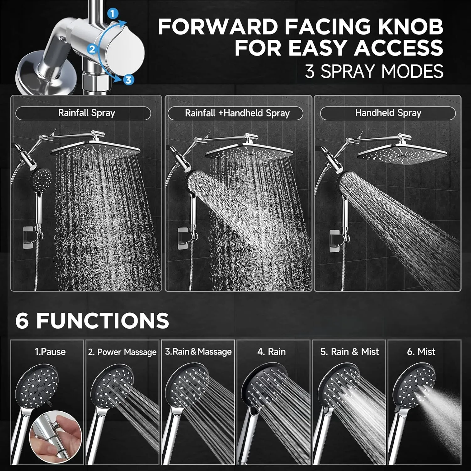 Veken Wide Rain Shower Head with 6 Modes Handheld Water Spray，High Pressure Showerhead Combo with Arm for Bathroom Accessories，Home Decor Adjustable Dual Shower with Anti-Clog Nozzles,Silver Chrome