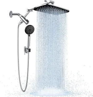 Veken Wide Rain Shower Head with 6 Modes Handheld Water Spray，High Pressure Showerhead Combo with Arm for Bathroom Accessories，Home Decor Adjustable Dual Shower with Anti-Clog Nozzles,Silver Chrome