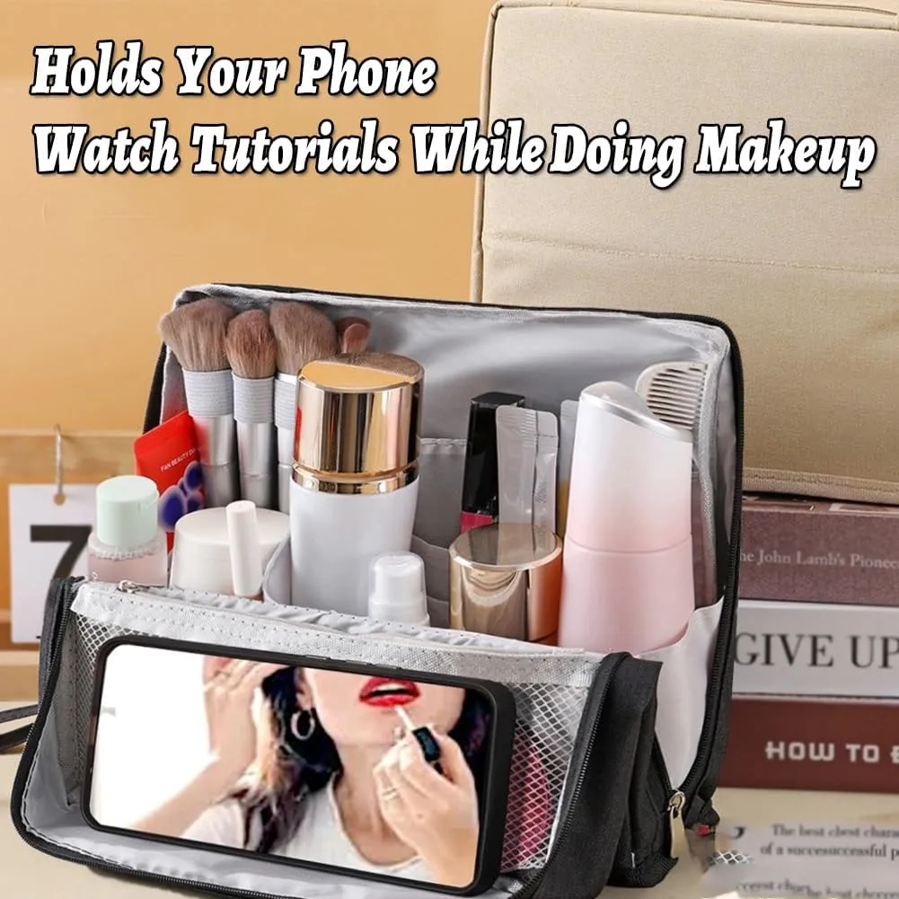 Vertical Makeup Organizer Bag, Relevanton Standing Makeup Bag Portable, Large Capacity, Doresty Standing Makeup Bag Smart Partitioning, Multi-Purpose Oxford Cloth(Beige)
