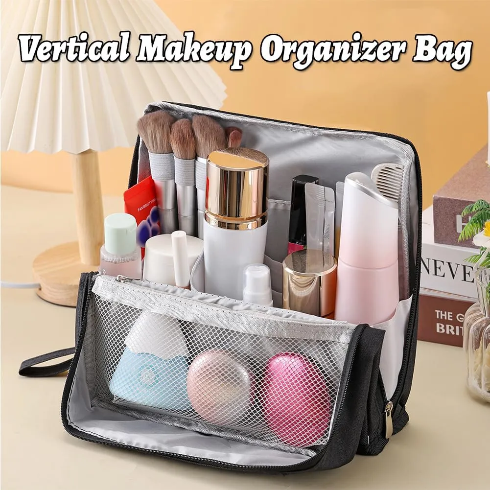 Vertical Makeup Organizer Bag, Relevanton Standing Makeup Bag Portable, Large Capacity, Doresty Standing Makeup Bag Smart Partitioning, Multi-Purpose Oxford Cloth(Beige)
