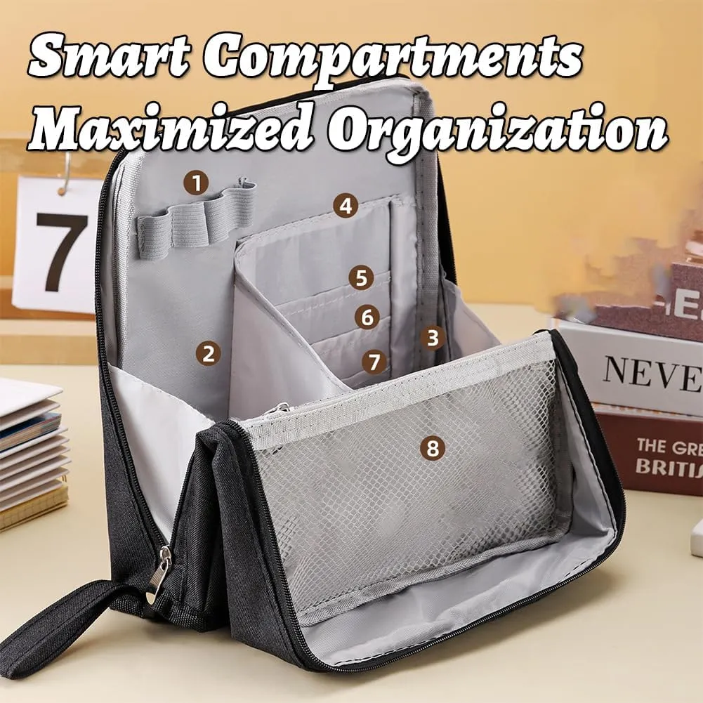Vertical Makeup Organizer Bag, Relevanton Standing Makeup Bag Portable, Large Capacity, Doresty Standing Makeup Bag Smart Partitioning, Multi-Purpose Oxford Cloth(Beige)