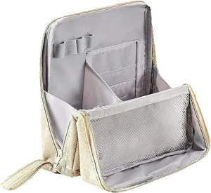 Vertical Makeup Organizer Bag, Relevanton Standing Makeup Bag Portable, Large Capacity, Doresty Standing Makeup Bag Smart Partitioning, Multi-Purpose Oxford Cloth(Beige)
