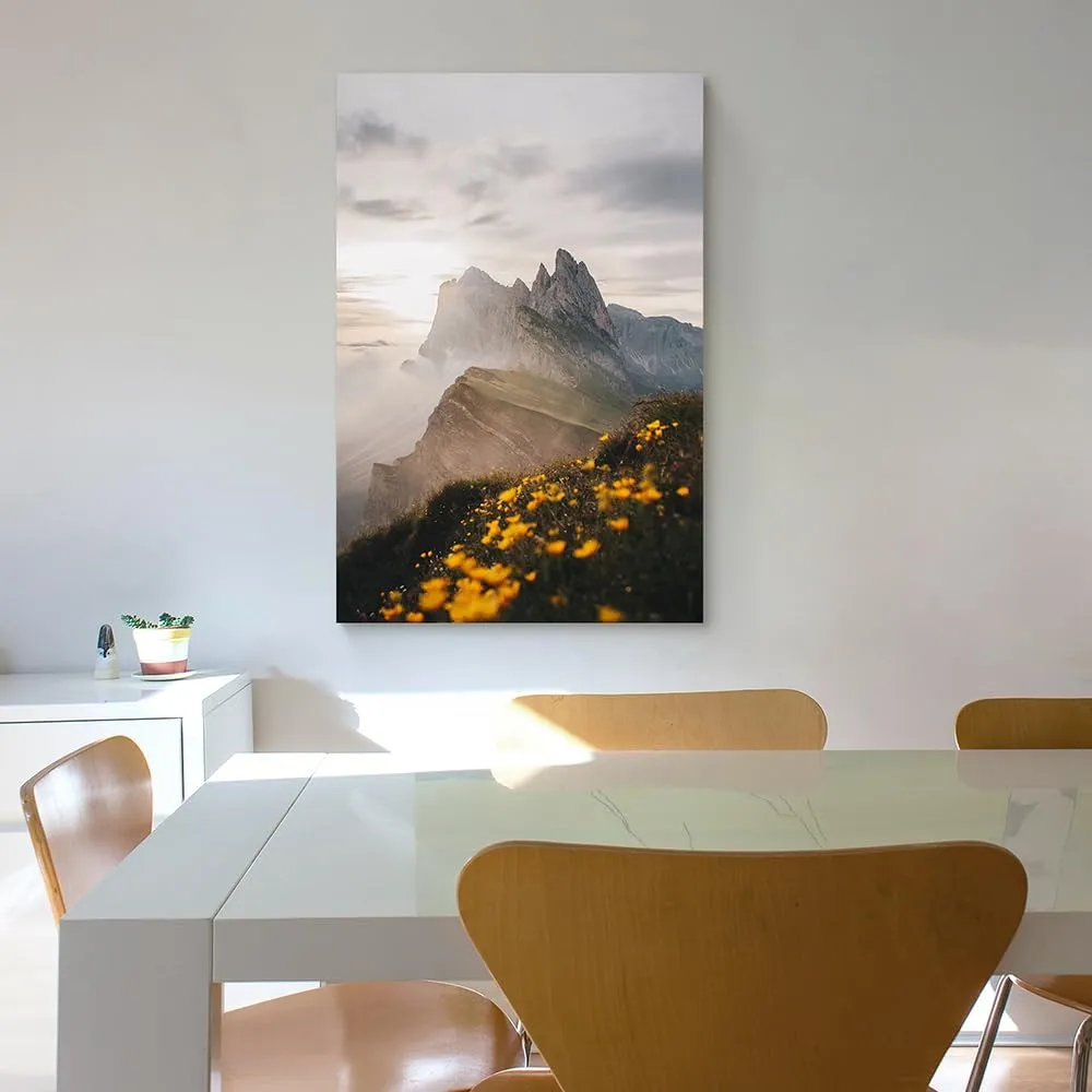 Vertical Mountian Canvas Wall Art: Great Smoky Mountains Painting Sunrise Nature Landscape Prints Artowrk National Park Picture Yellow Wildflower Photography for Bedroom