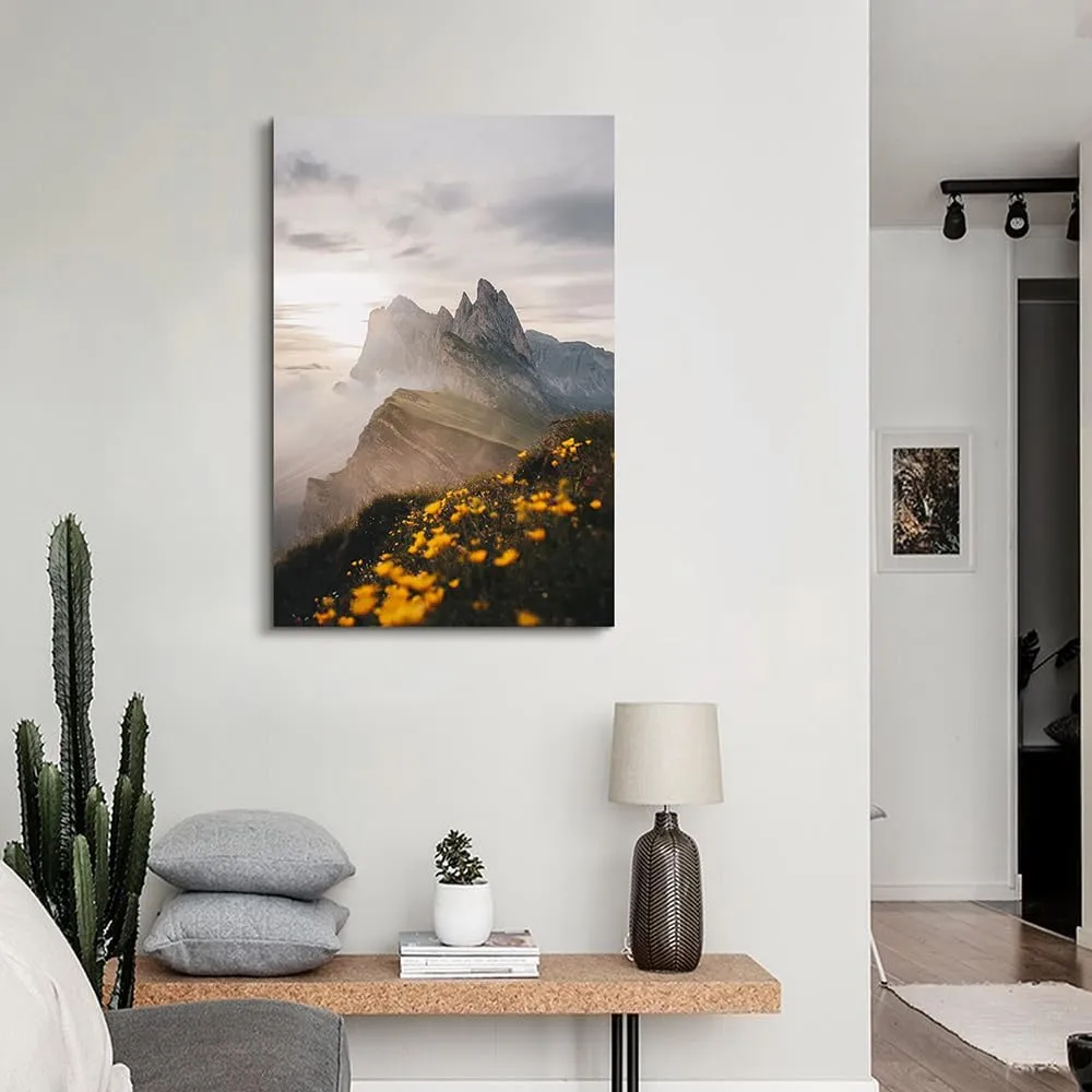 Vertical Mountian Canvas Wall Art: Great Smoky Mountains Painting Sunrise Nature Landscape Prints Artowrk National Park Picture Yellow Wildflower Photography for Bedroom