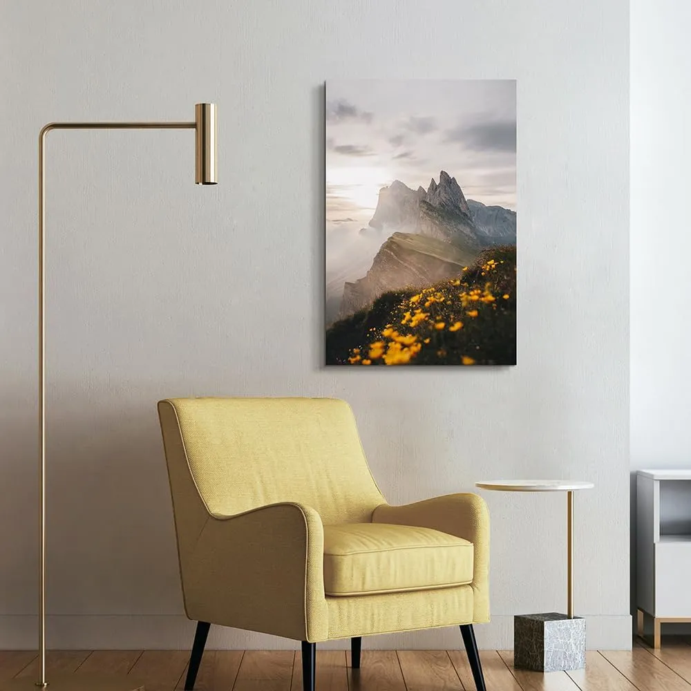 Vertical Mountian Canvas Wall Art: Great Smoky Mountains Painting Sunrise Nature Landscape Prints Artowrk National Park Picture Yellow Wildflower Photography for Bedroom