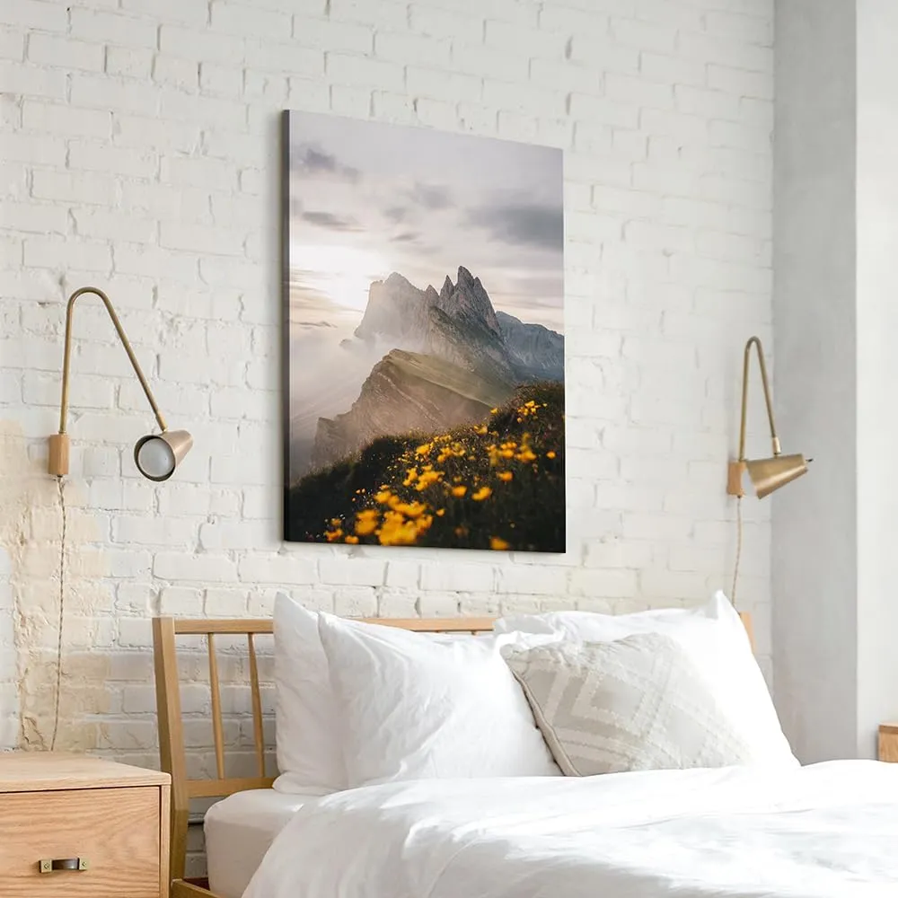 Vertical Mountian Canvas Wall Art: Great Smoky Mountains Painting Sunrise Nature Landscape Prints Artowrk National Park Picture Yellow Wildflower Photography for Bedroom