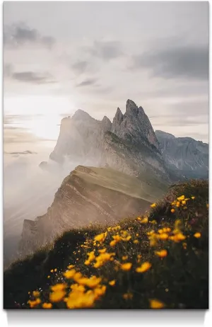 Vertical Mountian Canvas Wall Art: Great Smoky Mountains Painting Sunrise Nature Landscape Prints Artowrk National Park Picture Yellow Wildflower Photography for Bedroom