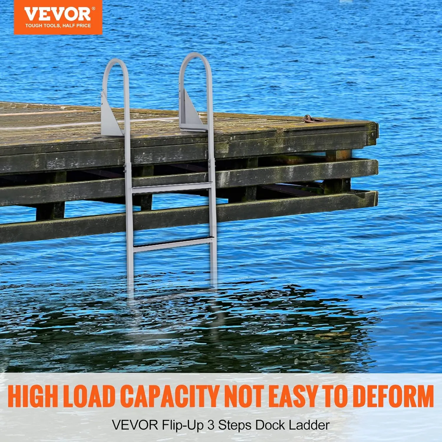 VEVOR Dock Ladder Flip-Up 3 Steps, 350 lbs Load Capacity, Pontoon Boat Ladder with Nonslip Mat, Aluminum Swim Ladder for Ship/Lake/Pool/Marine Boarding