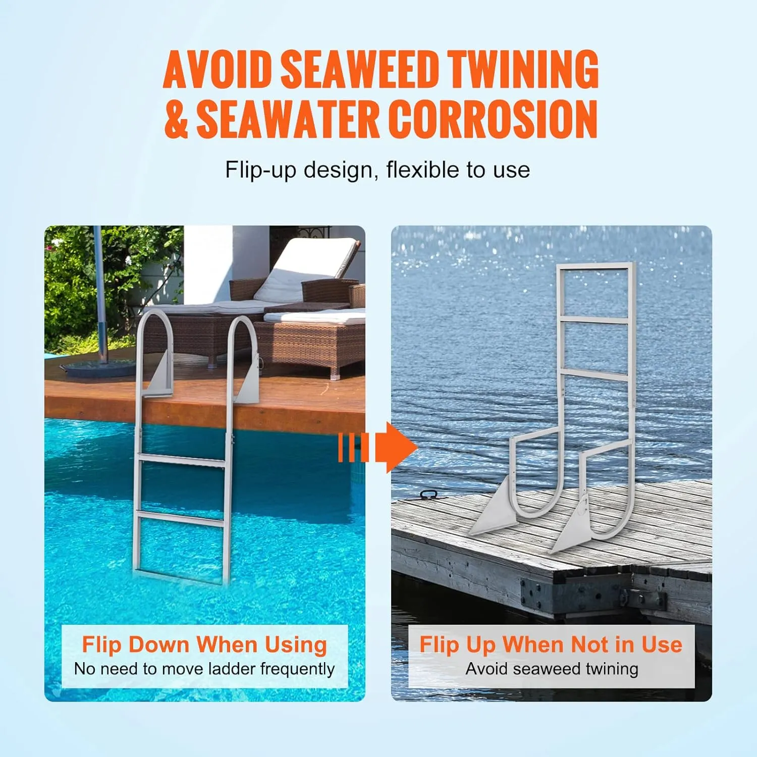 VEVOR Dock Ladder Flip-Up 3 Steps, 350 lbs Load Capacity, Pontoon Boat Ladder with Nonslip Mat, Aluminum Swim Ladder for Ship/Lake/Pool/Marine Boarding