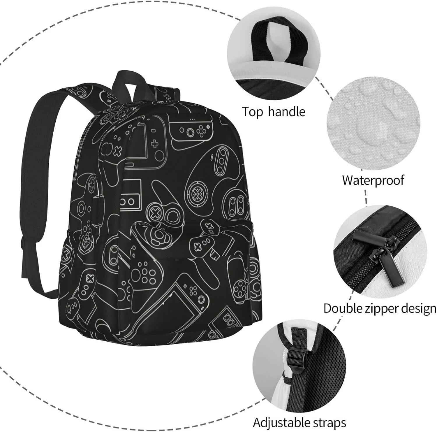 Video Game Controller Black Background Laptop Backpack For Men Women, Lightweight Daypack Bookbag For Daily Commutes Business Travel Hiking
