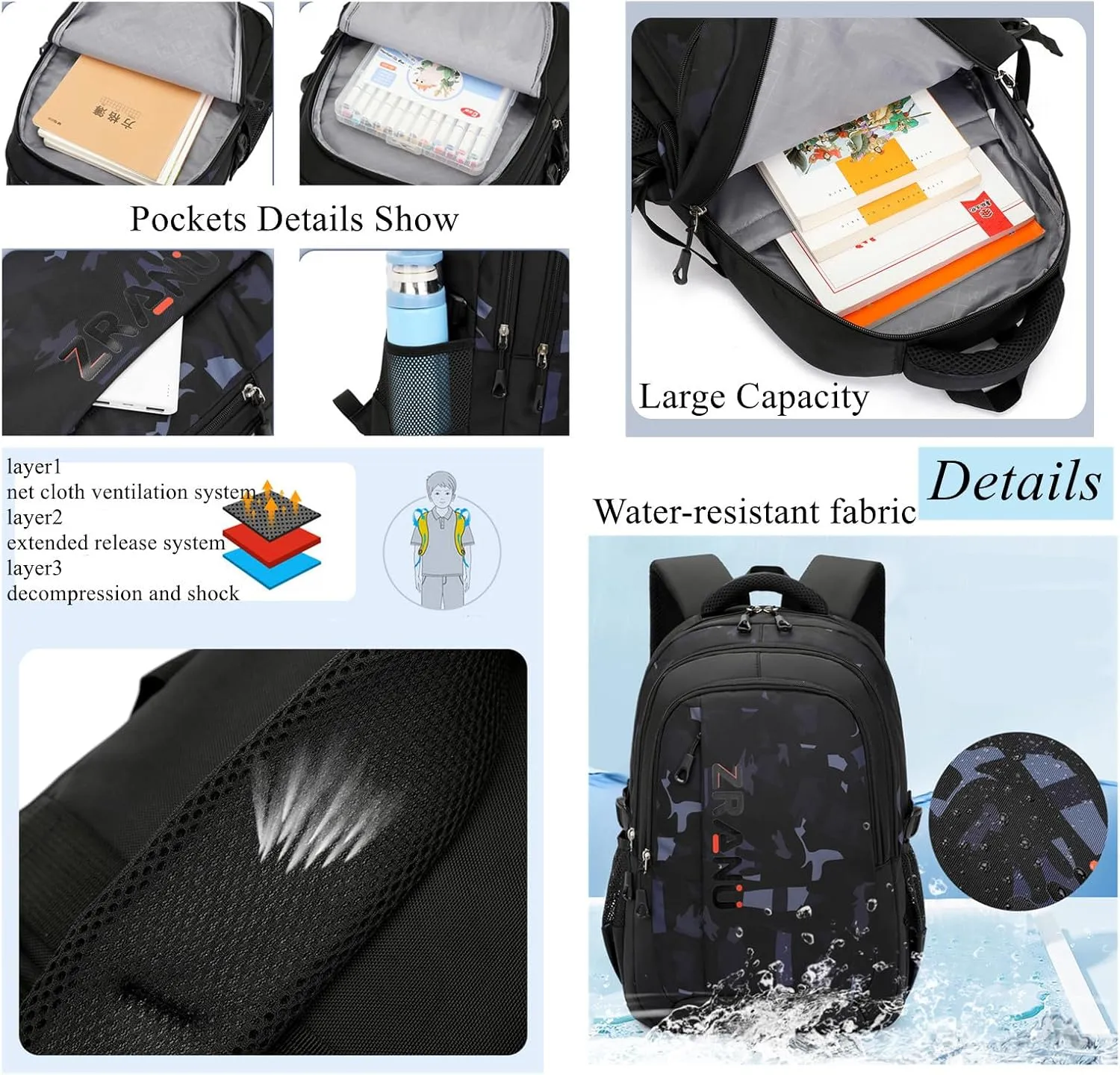 VIDOSCLA Elementary Kids Boys Backpack Teens School Bag Students BookBag for School-Grey
