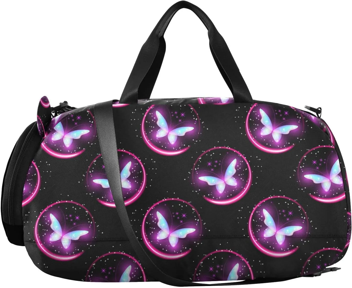 VIGTRO Glowing Magic Butterflies Boys Girls Sports Travel Duffel Bags with Shoes Compartment, Weekender Overnight Gym Bag for Swimming, Dancing, Outing