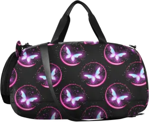 VIGTRO Glowing Magic Butterflies Boys Girls Sports Travel Duffel Bags with Shoes Compartment, Weekender Overnight Gym Bag for Swimming, Dancing, Outing