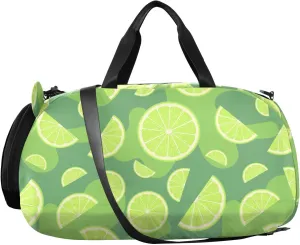 VIGTRO Green Lime Seamless Pattern Boys Girls Sports Travel Duffel Bags with Shoes Compartment, Weekender Overnight Gym Bag for Swimming, Dancing, Outing