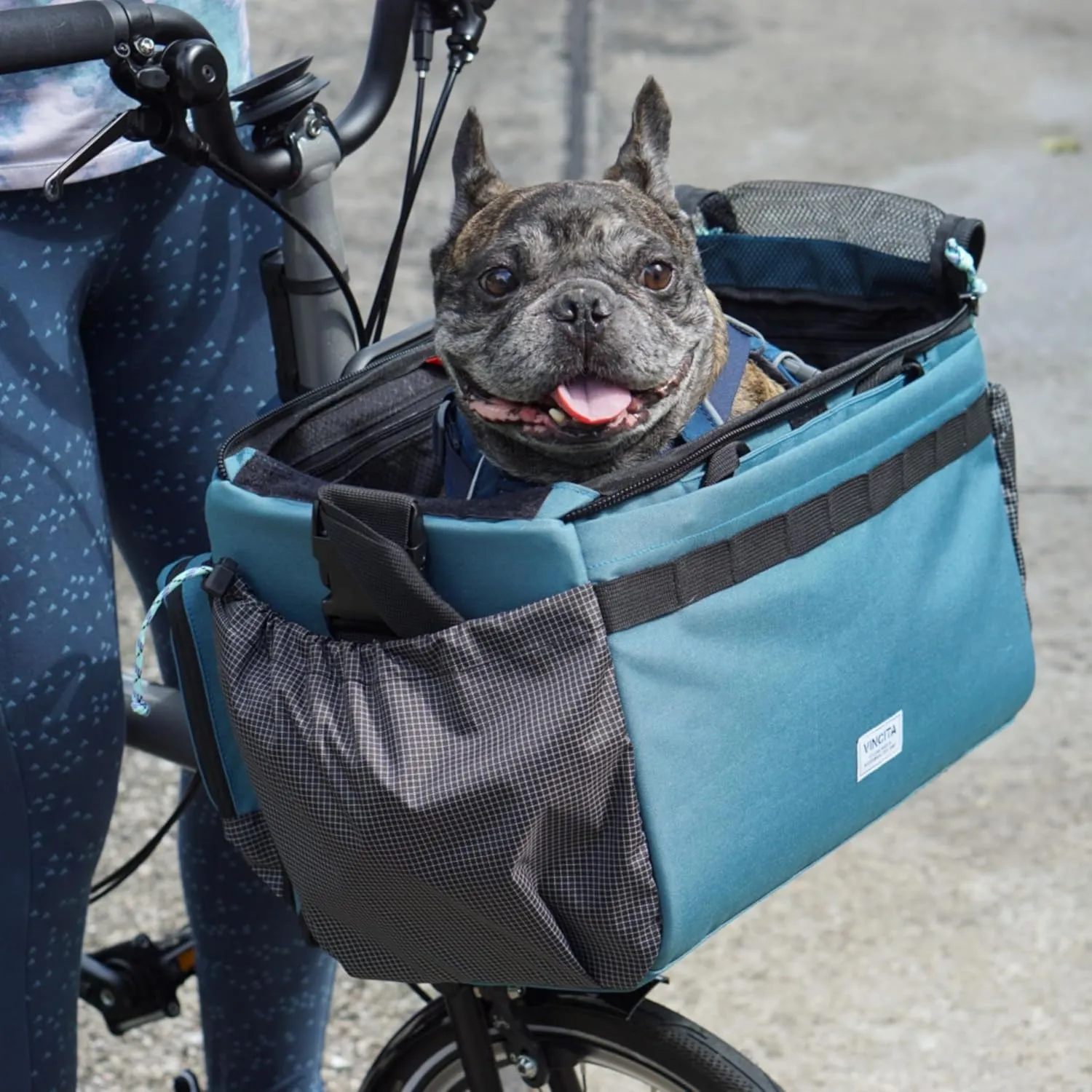 Vincita Caddy Pet Basket for Brompton Bike – Comfortable and Secure Carrier with Aluminum Frame, mesh Cover, Adjustable Strap, and Side Pockets. Compatible with Brompton Front Carrier Block. (Grey)