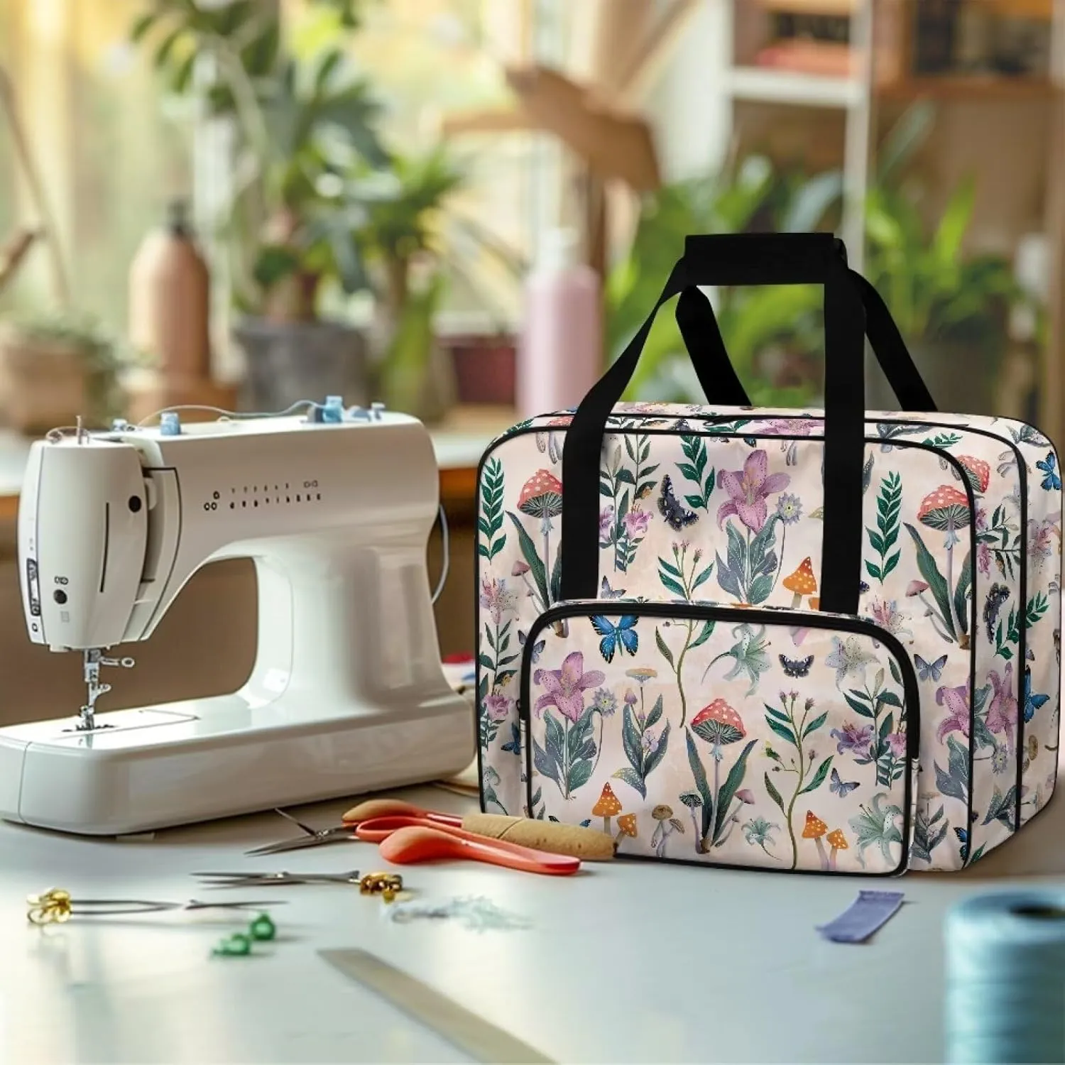 VIntage Flower Sewing Machine Tote Bag, Universal Portable Carrying Case with Anti-slip Padded Bottom Compatible with Most Standard Sewing Machine and Supplies