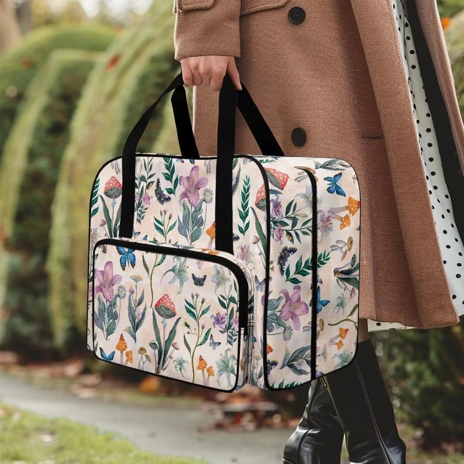 VIntage Flower Sewing Machine Tote Bag, Universal Portable Carrying Case with Anti-slip Padded Bottom Compatible with Most Standard Sewing Machine and Supplies