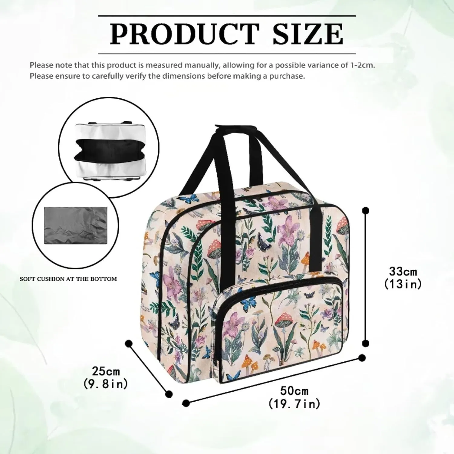 VIntage Flower Sewing Machine Tote Bag, Universal Portable Carrying Case with Anti-slip Padded Bottom Compatible with Most Standard Sewing Machine and Supplies