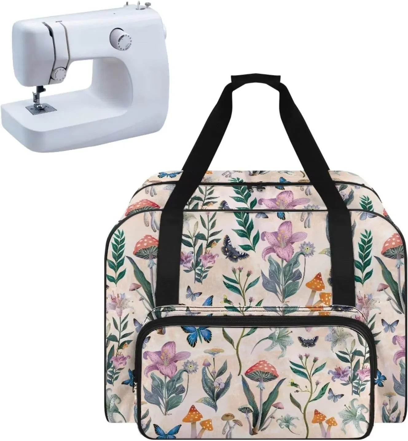 VIntage Flower Sewing Machine Tote Bag, Universal Portable Carrying Case with Anti-slip Padded Bottom Compatible with Most Standard Sewing Machine and Supplies