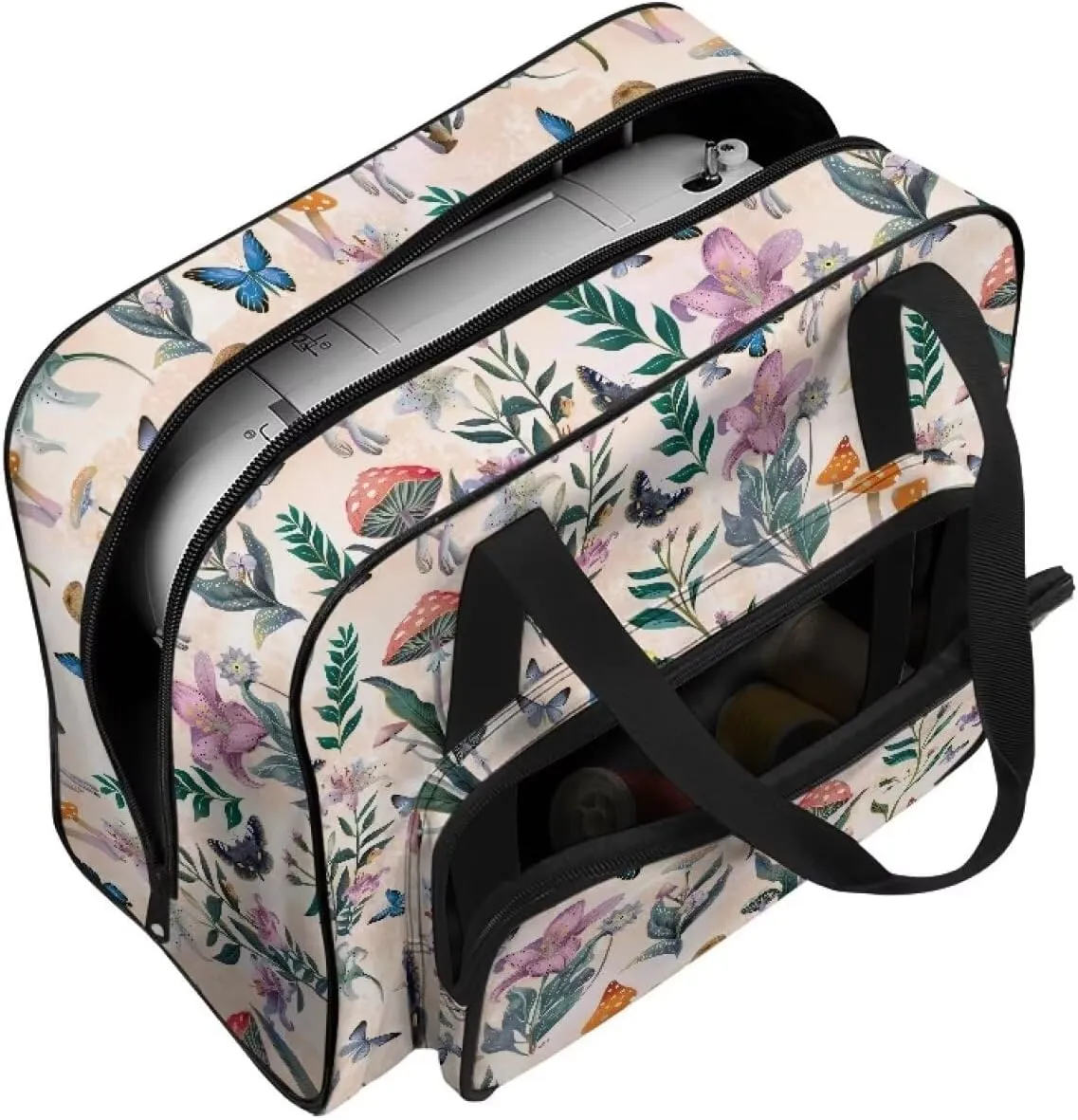 VIntage Flower Sewing Machine Tote Bag, Universal Portable Carrying Case with Anti-slip Padded Bottom Compatible with Most Standard Sewing Machine and Supplies