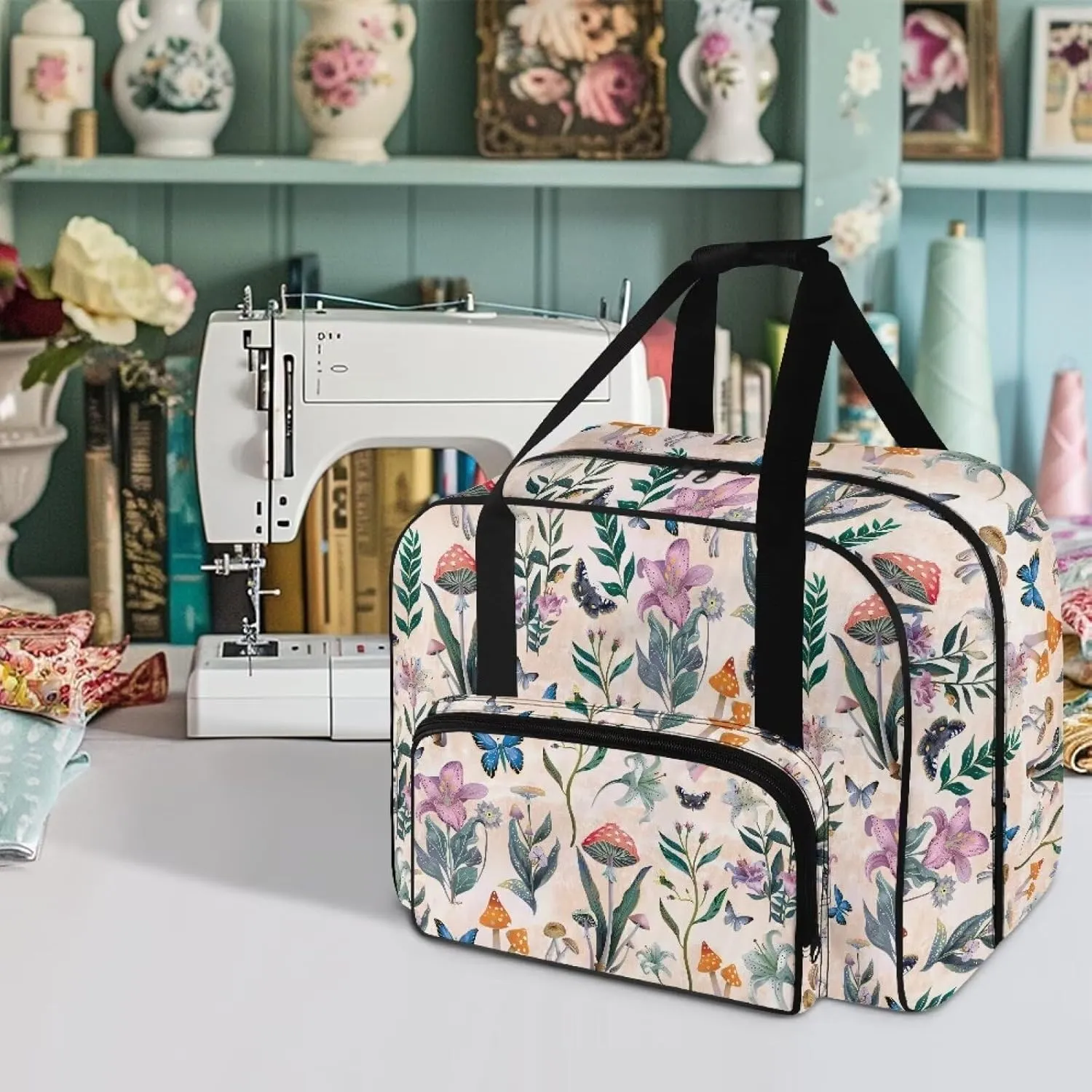 VIntage Flower Sewing Machine Tote Bag, Universal Portable Carrying Case with Anti-slip Padded Bottom Compatible with Most Standard Sewing Machine and Supplies