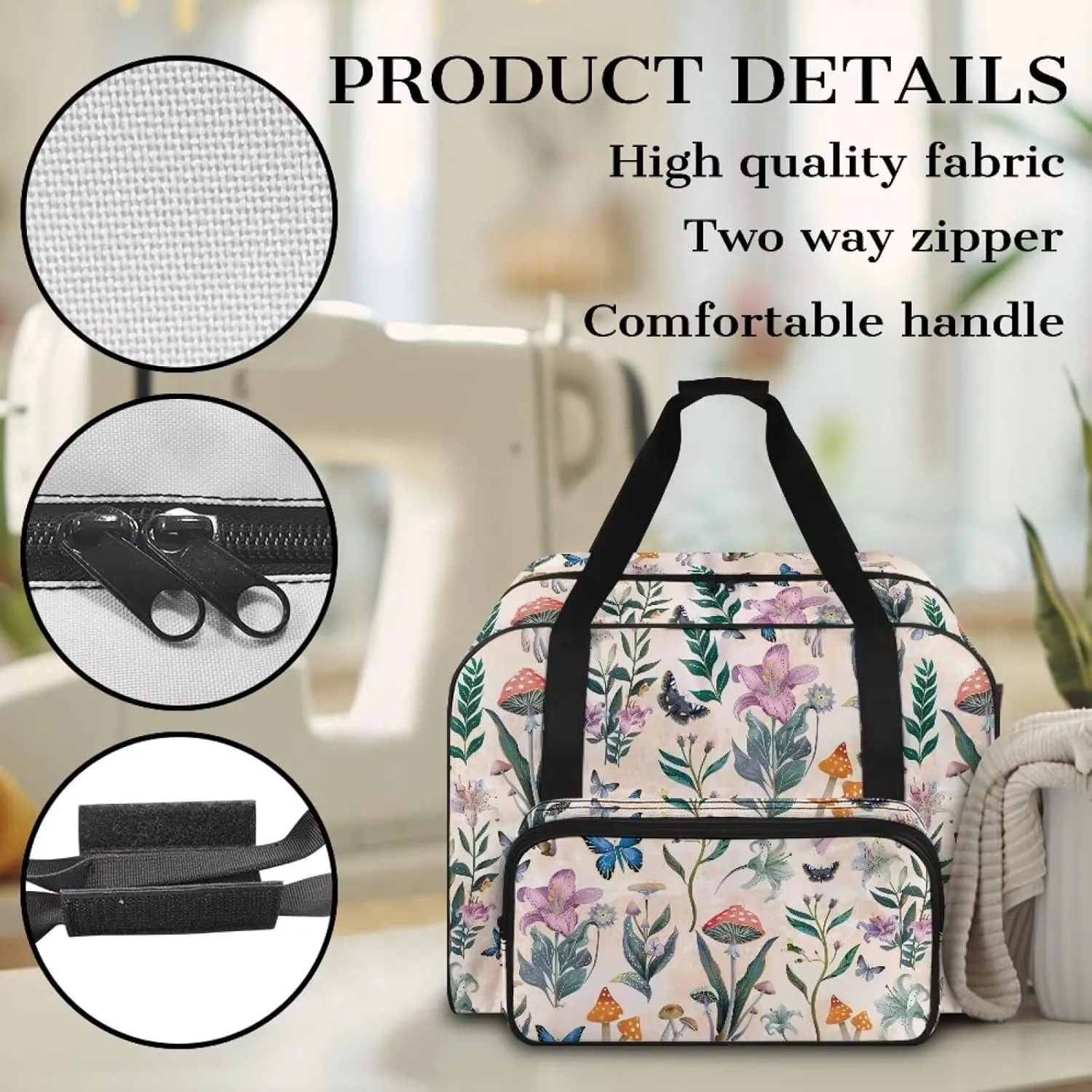 VIntage Flower Sewing Machine Tote Bag, Universal Portable Carrying Case with Anti-slip Padded Bottom Compatible with Most Standard Sewing Machine and Supplies