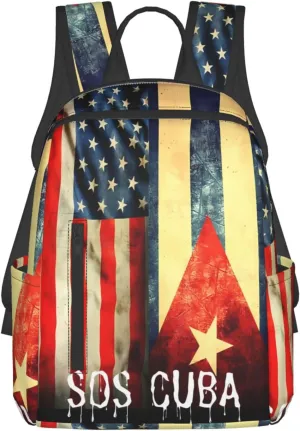 Vintage Half American Cuban Flag SOS Cuba Casual Backpacks Large Capacity Laptop Backpack Sports Fitness Rucksack Travel Carry-On Daypack Work Bag for Outdoor Camping