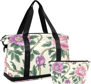 Vintage Pink Flowers Green Leaves William Morris Style Travel Hand Bag Weekender Overnight Bag with Adjustable Strap for Workout Waterproof