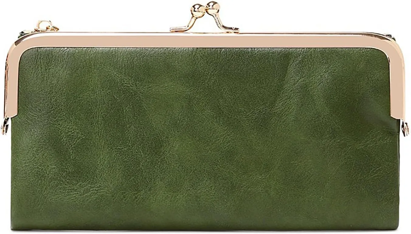 Vintage Women Long Wallets Bifold Ladies Purse Clutch with Kiss Lock and Zip Coin Pocket