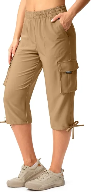 Viodia Cargo Capris for Women Lightweight Hiking Pants Stretch Elastic Waist Capri with Pockets for Summer Travel
