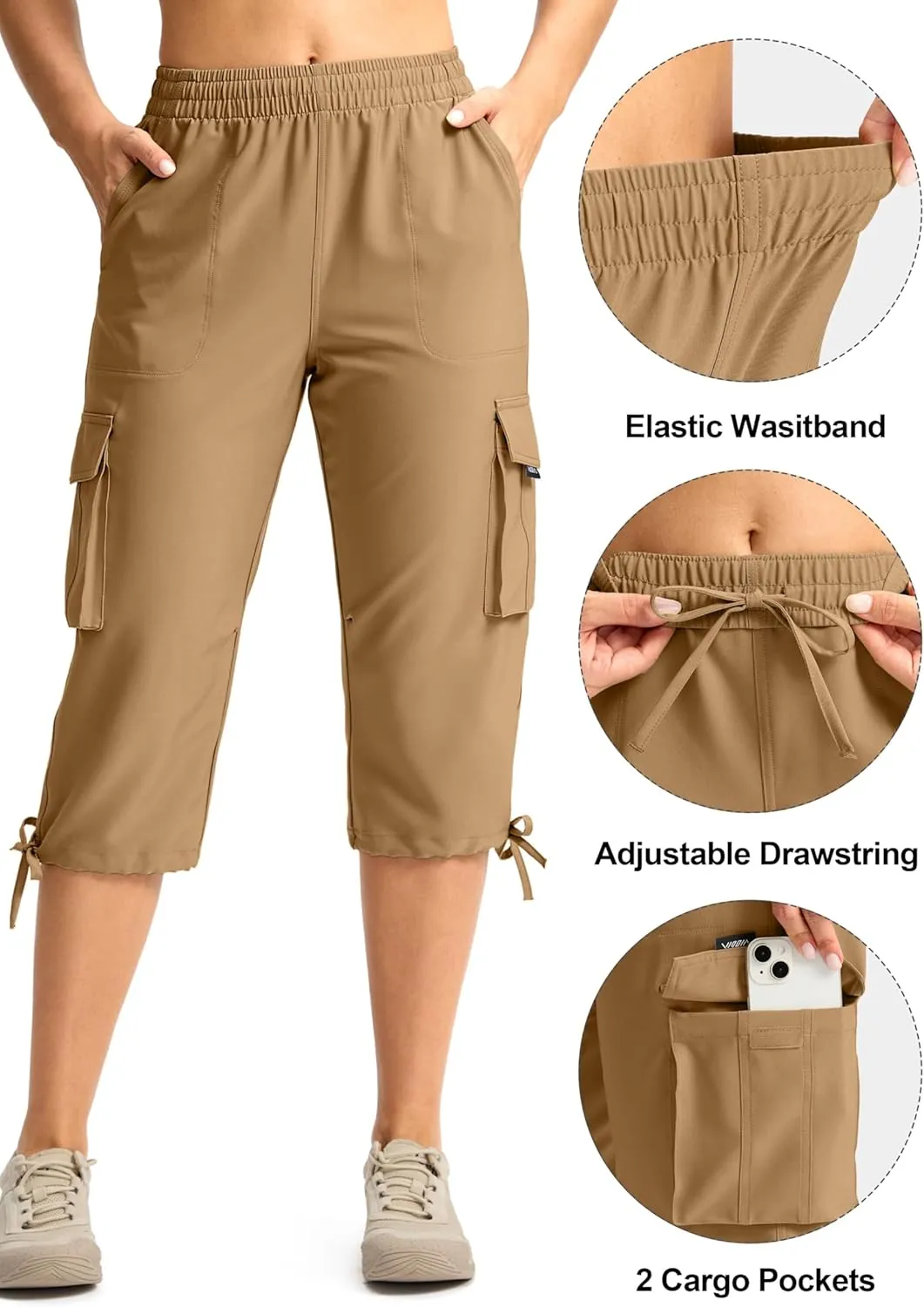 Viodia Cargo Capris for Women Lightweight Hiking Pants Stretch Elastic Waist Capri with Pockets for Summer Travel