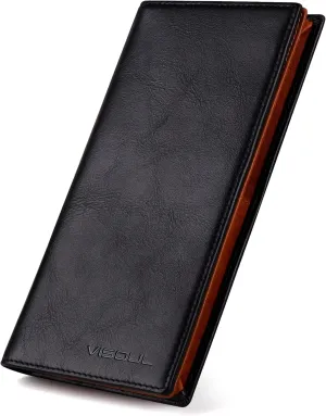 VISOUL Mens Leather Long Bi-fold Checkbook RFID Blocking Wallets, Breast Pocket Tall Billfold Secretary Wallet for Men with 12 Card Slots (Black and Orange)