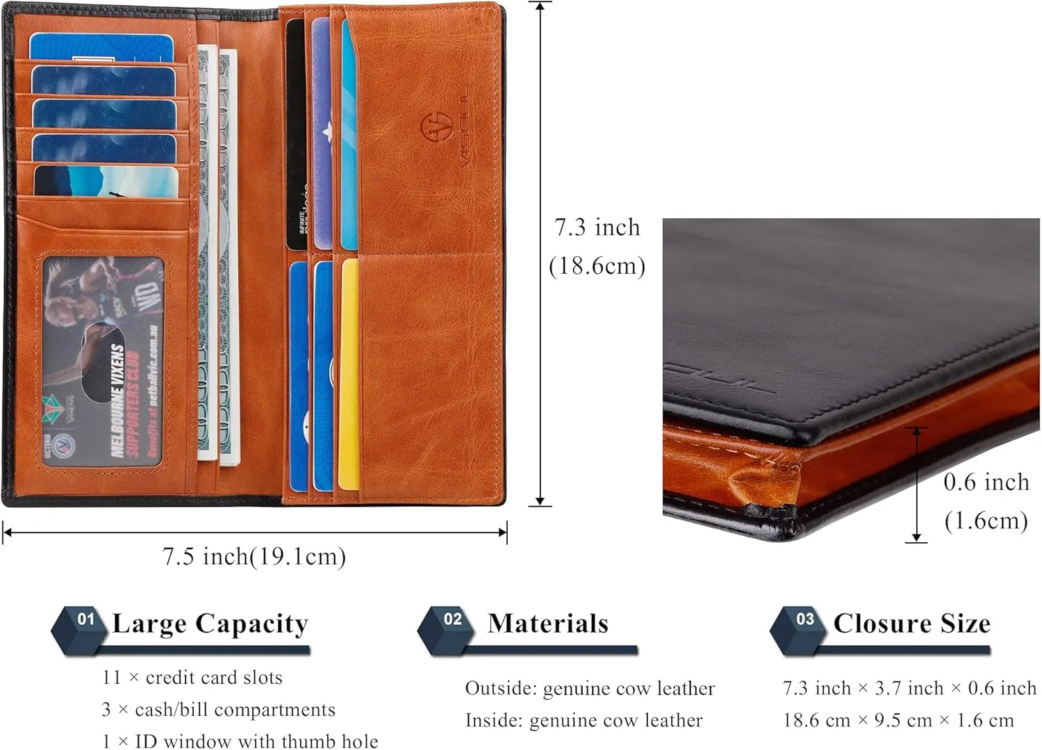 VISOUL Mens Leather Long Bi-fold Checkbook RFID Blocking Wallets, Breast Pocket Tall Billfold Secretary Wallet for Men with 12 Card Slots (Black and Orange)