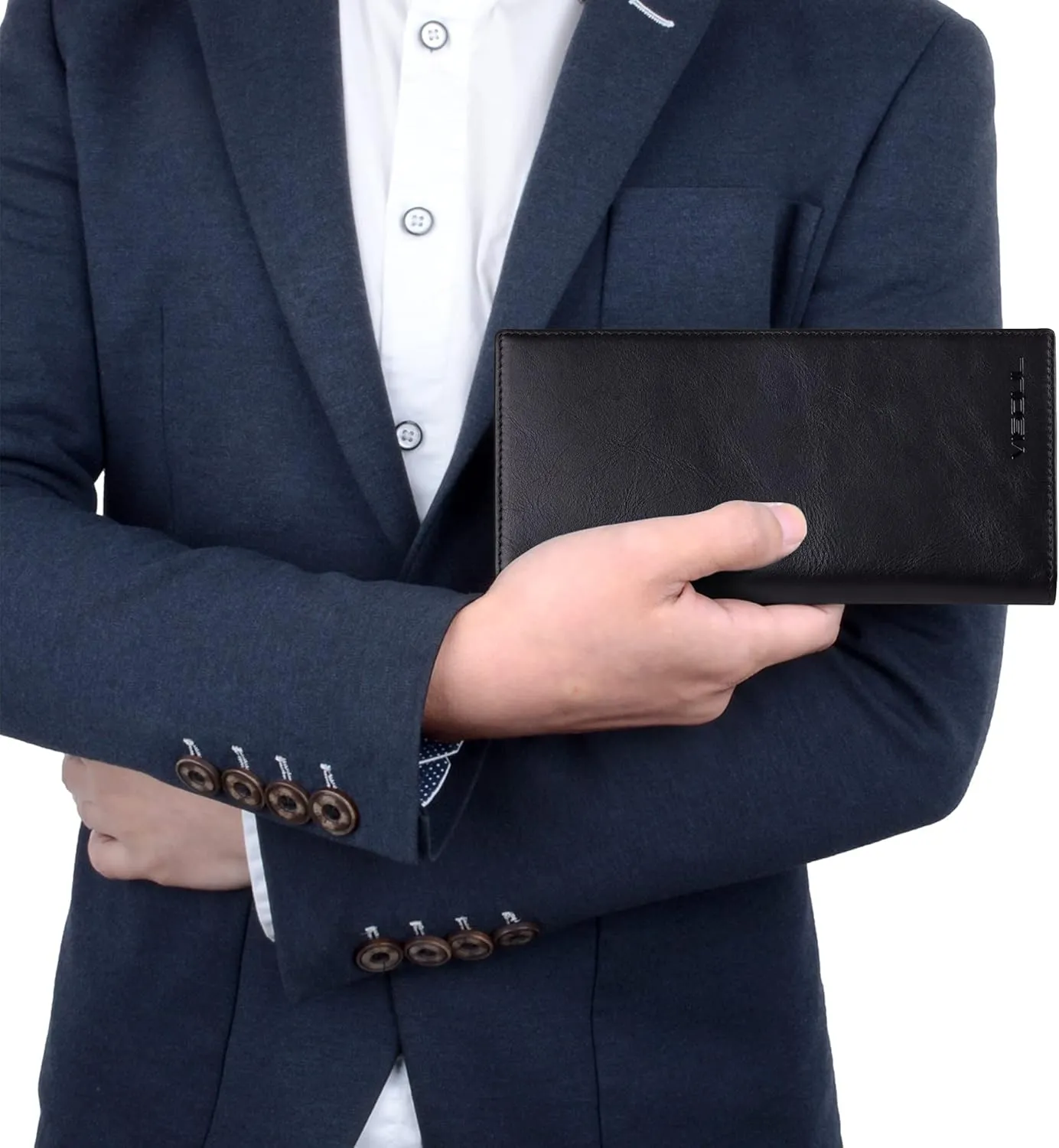 VISOUL Mens Leather Long Bi-fold Checkbook RFID Blocking Wallets, Breast Pocket Tall Billfold Secretary Wallet for Men with 12 Card Slots (Black and Orange)