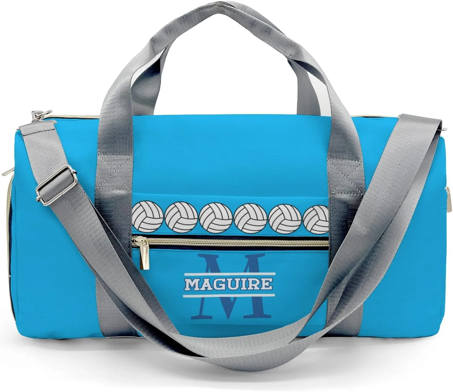 Volleyball Monogram Blue Personalized Duffel Bag with Name Custom Travel Bag for Women Men Sports Gym Dance Bags Wet Dry Pockets Shoes Compartment Overnight Weekend Bag Gift
