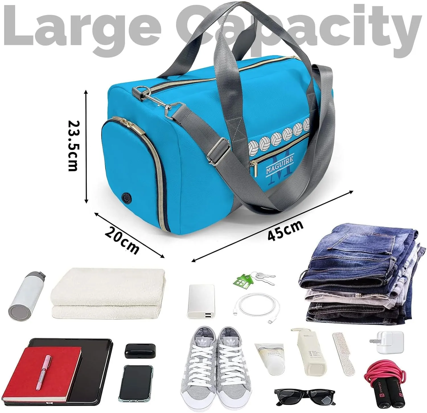 Volleyball Monogram Blue Personalized Duffel Bag with Name Custom Travel Bag for Women Men Sports Gym Dance Bags Wet Dry Pockets Shoes Compartment Overnight Weekend Bag Gift