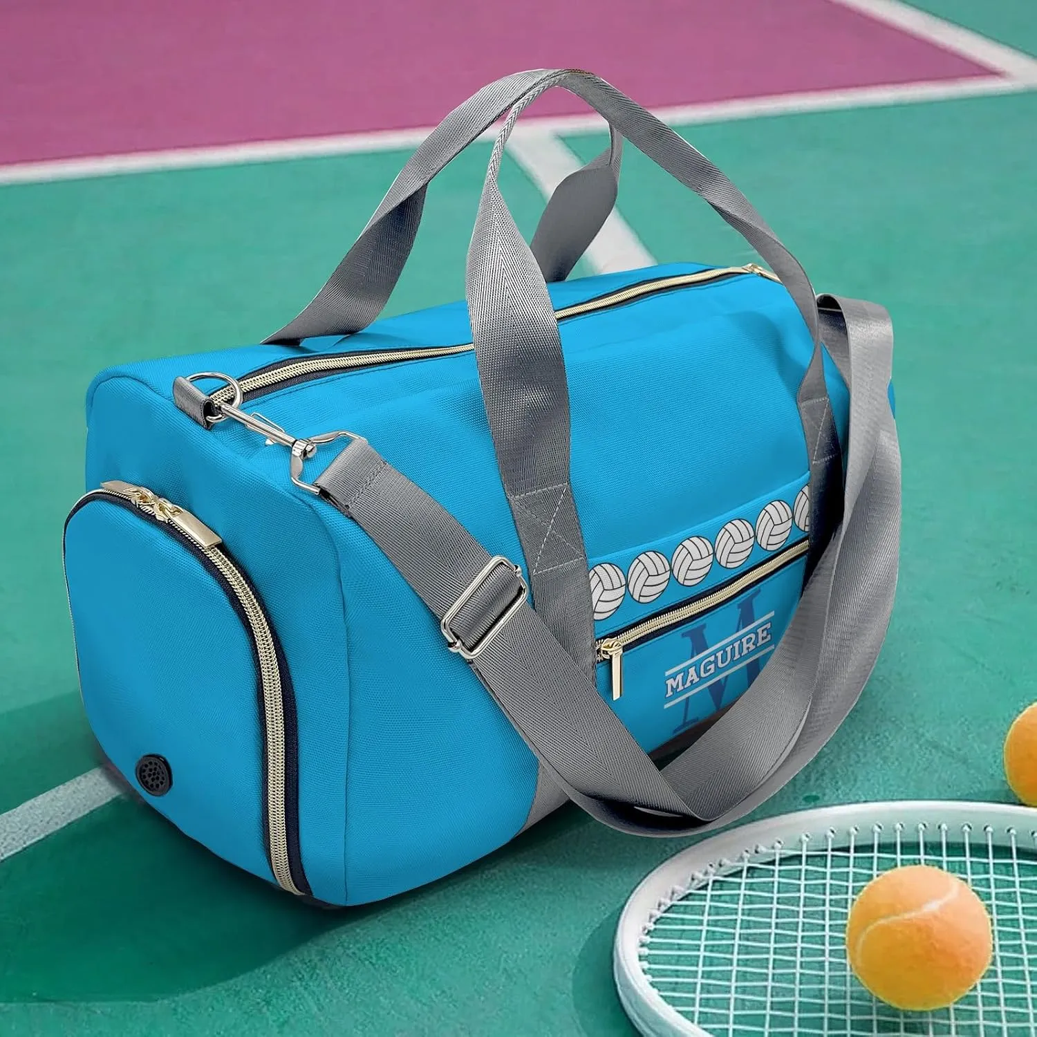 Volleyball Monogram Blue Personalized Duffel Bag with Name Custom Travel Bag for Women Men Sports Gym Dance Bags Wet Dry Pockets Shoes Compartment Overnight Weekend Bag Gift