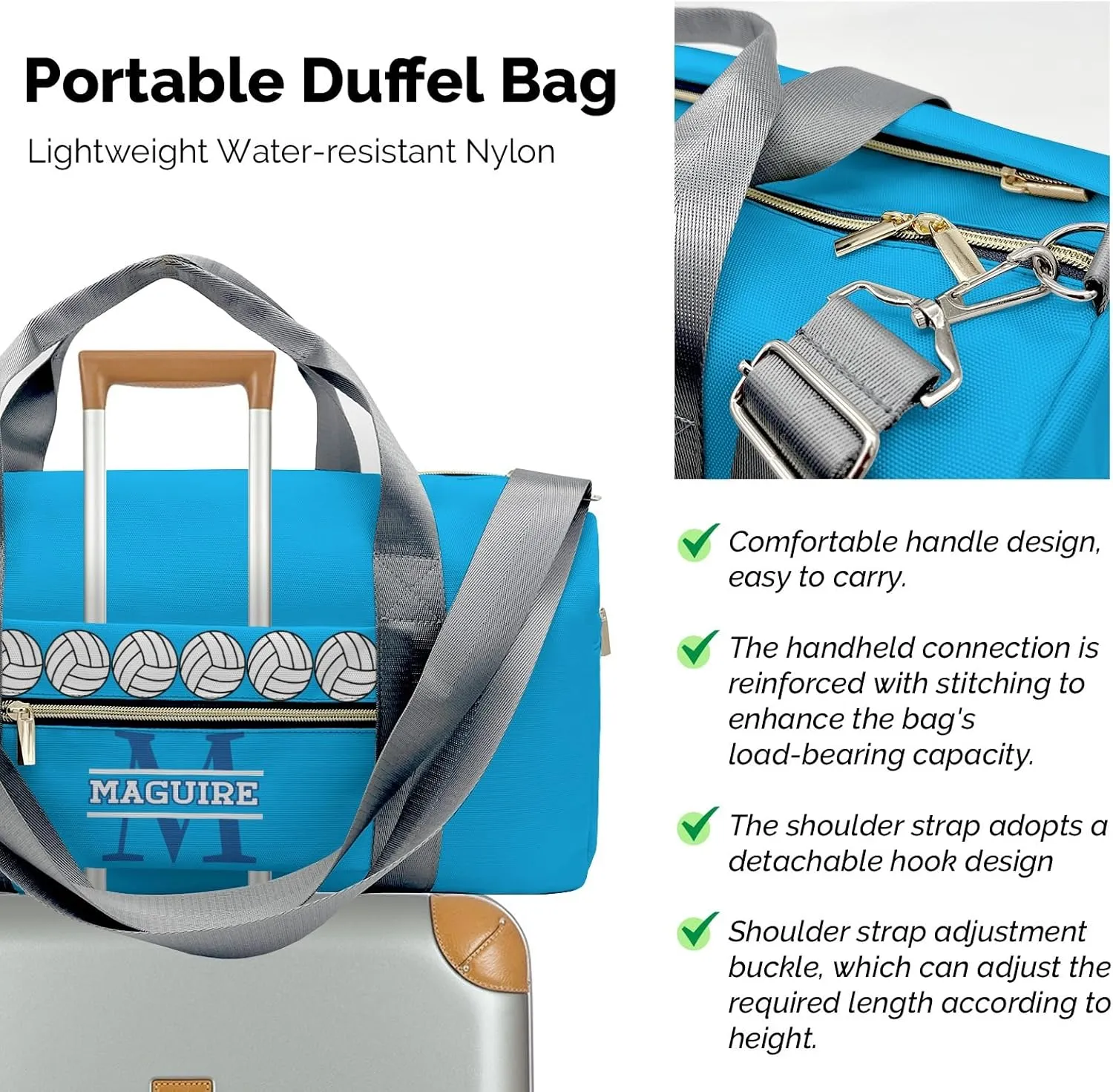 Volleyball Monogram Blue Personalized Duffel Bag with Name Custom Travel Bag for Women Men Sports Gym Dance Bags Wet Dry Pockets Shoes Compartment Overnight Weekend Bag Gift
