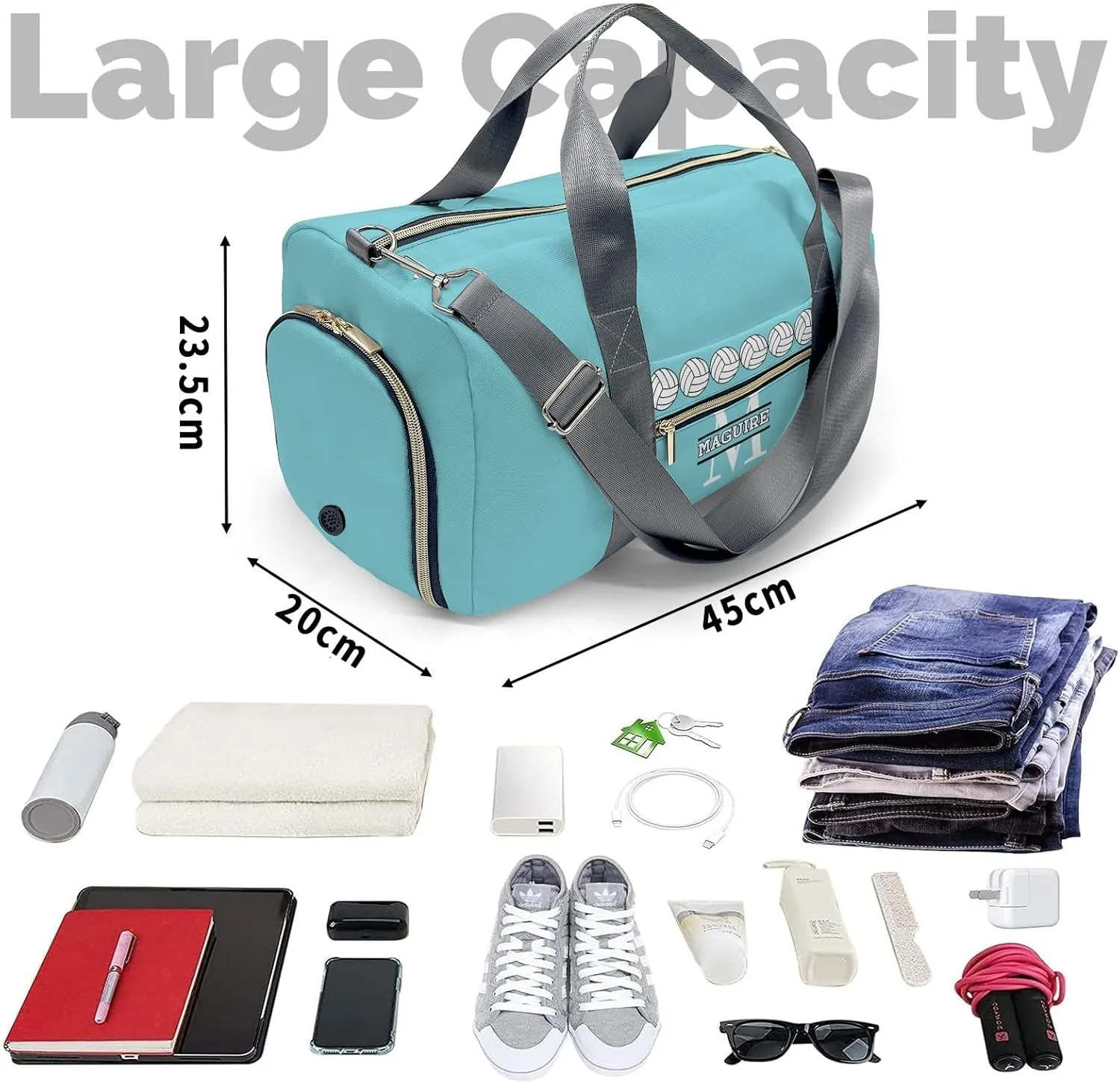 Volleyball Monogram Ocean Personalized Duffel Bag with Name Custom Travel Bag for Women Men Sports Gym Dance Bags Wet Dry Pockets Shoes Compartment Overnight Weekend Bag Gift