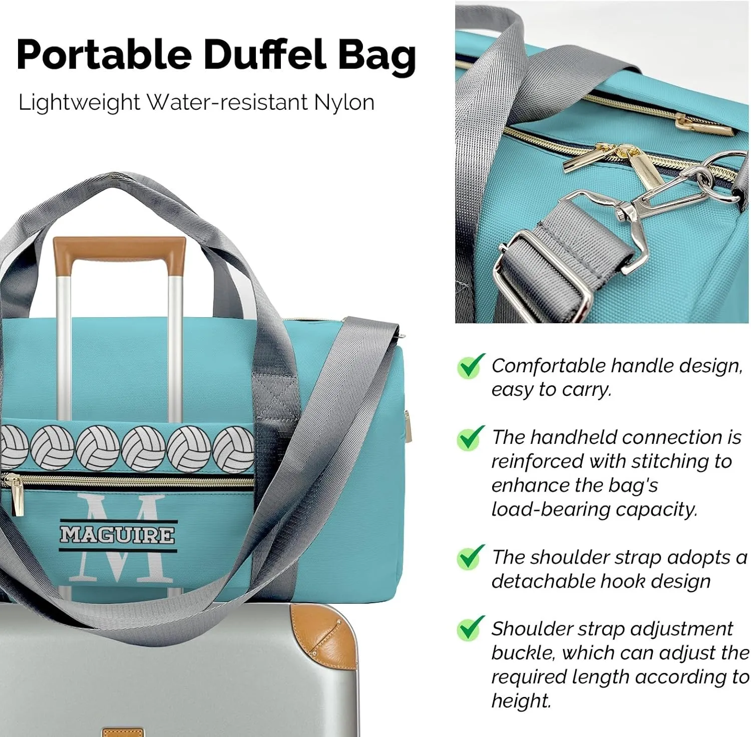 Volleyball Monogram Ocean Personalized Duffel Bag with Name Custom Travel Bag for Women Men Sports Gym Dance Bags Wet Dry Pockets Shoes Compartment Overnight Weekend Bag Gift