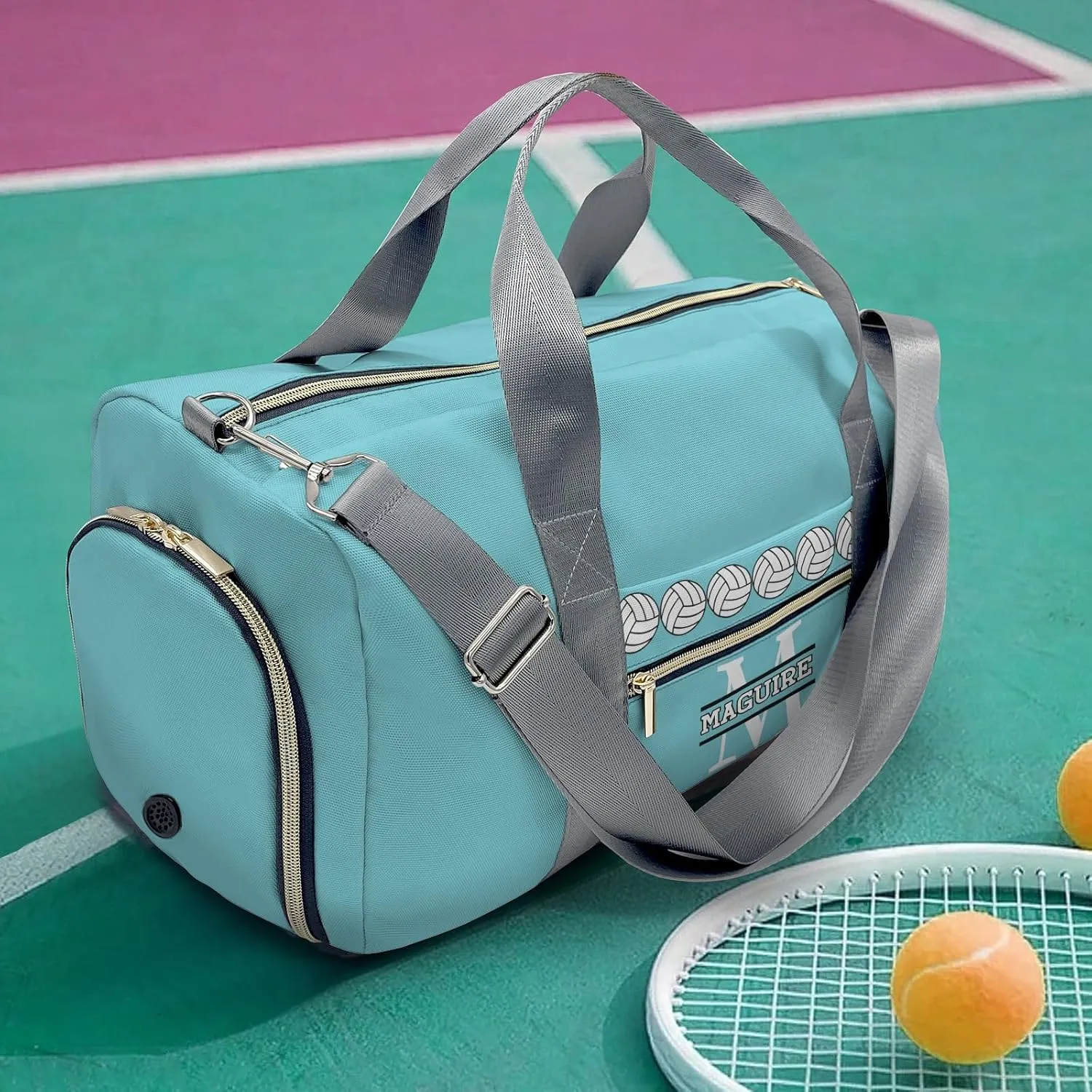 Volleyball Monogram Ocean Personalized Duffel Bag with Name Custom Travel Bag for Women Men Sports Gym Dance Bags Wet Dry Pockets Shoes Compartment Overnight Weekend Bag Gift