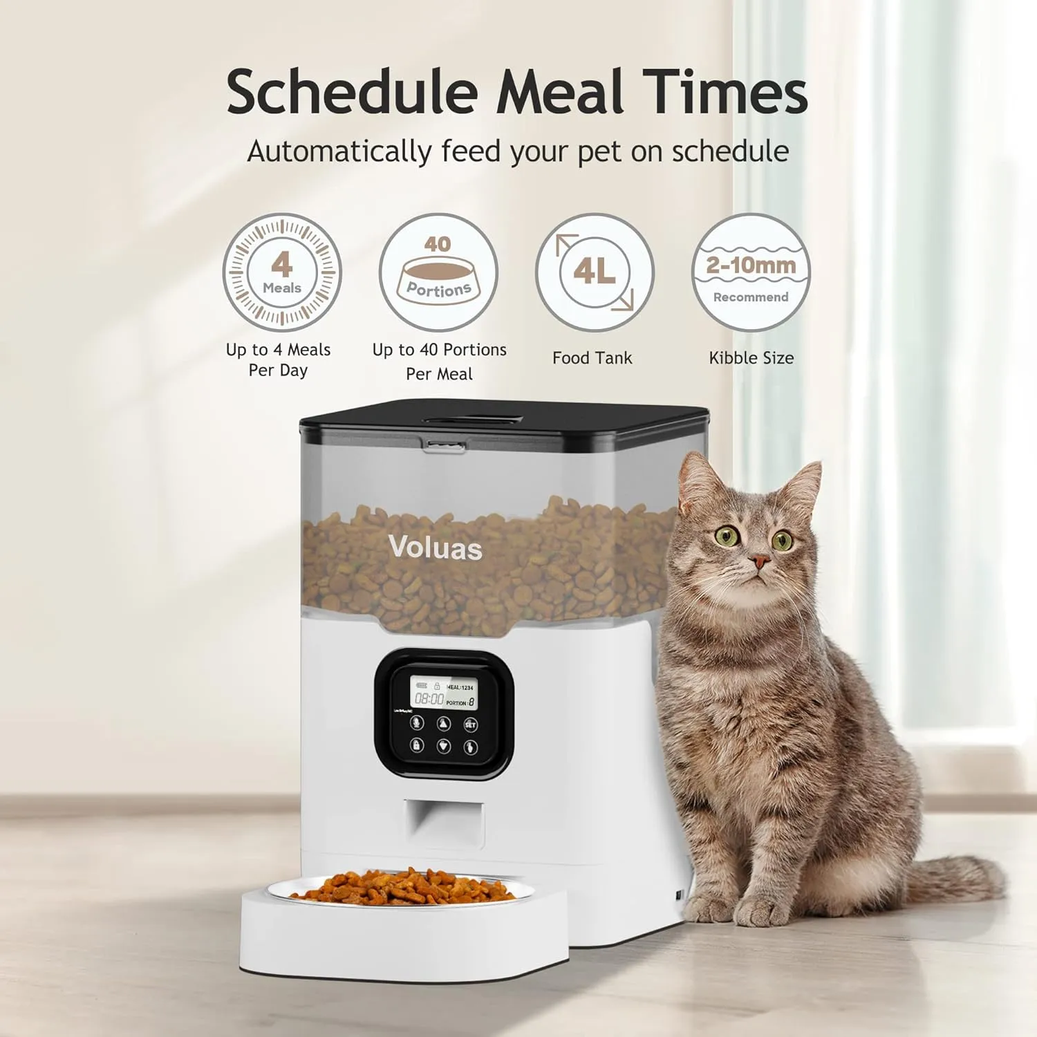 VOLUAS Automatic Cat Feeders - Dry Food Dispenser with Timer, Desiccant Bag, Programmable Portion Size Control 4 Meals Per Day, 10s Voice Recorder